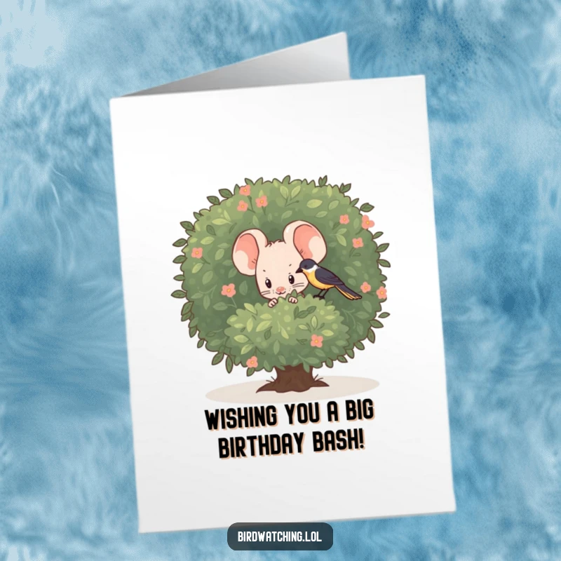 Funny Free Printable Birthday Card: A shy mouse peeking with wide eyes from behind a green bush at a bird.