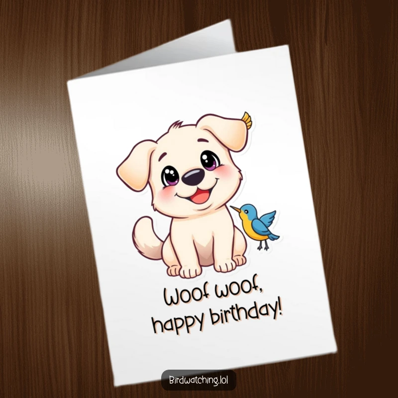 Funny free printable birthday card featuring a happy dog with wide eyes and a wagging tail, excited by a bird.