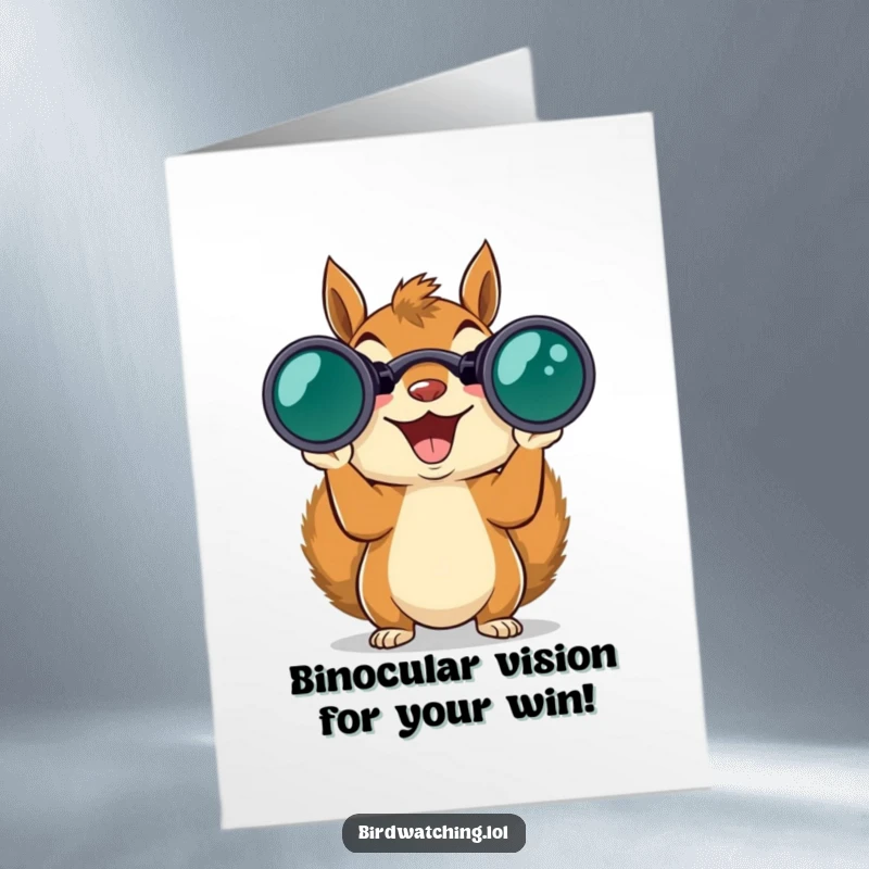 Funny Free Printable Congratulations Card: Excited squirrel using binoculars, celebrating a win. Hilarious downloadable message.