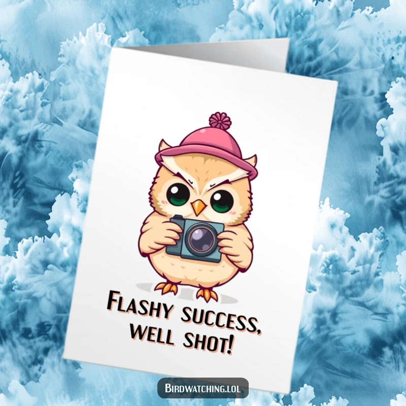 Funny Free Printable Congratulations Card: Silly owl in a tiny hat holding a camera, celebrating success.