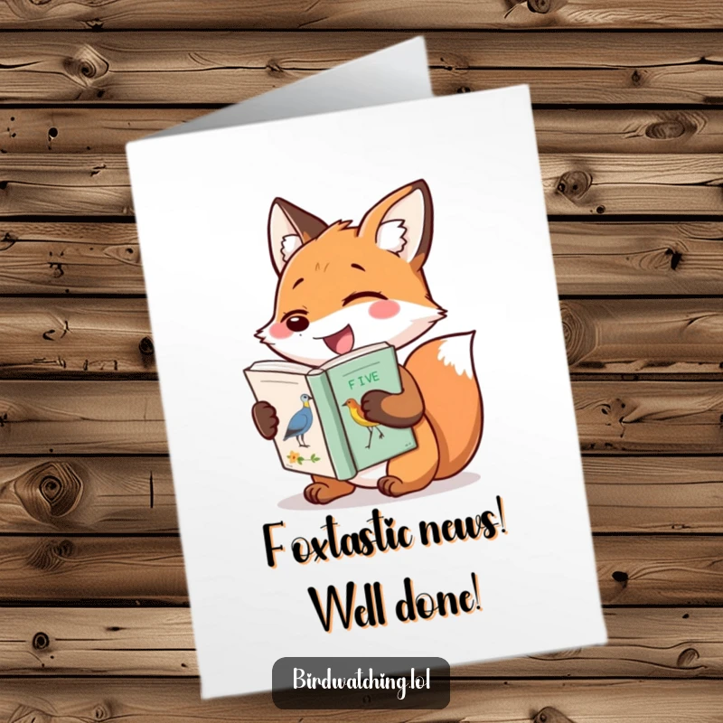 Funny Free Printable Congratulations Card: Giggling fox exclaims with glee, holding a bird identification book, celebrating success.
