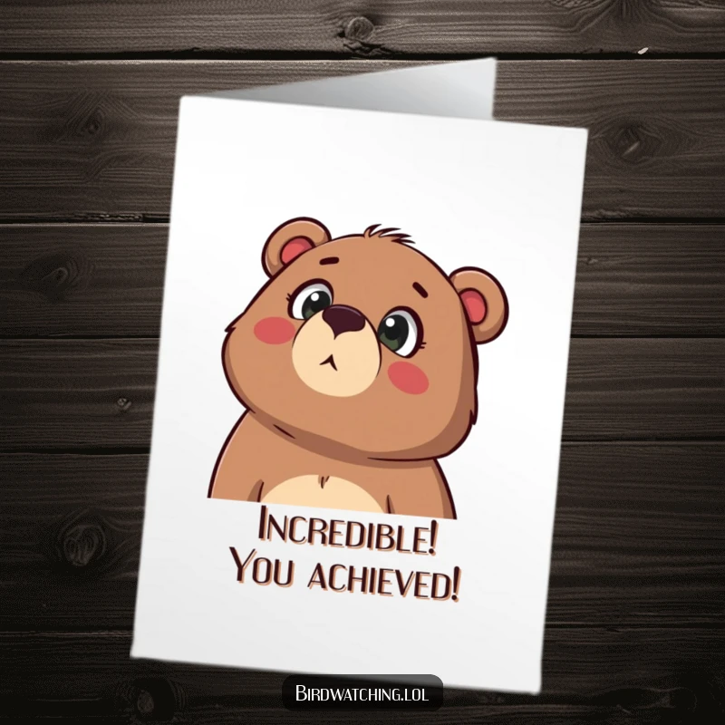 Funny Free Printable Congratulations Card of a bear looking up in awe, mouth open, celebrating a milestone.
