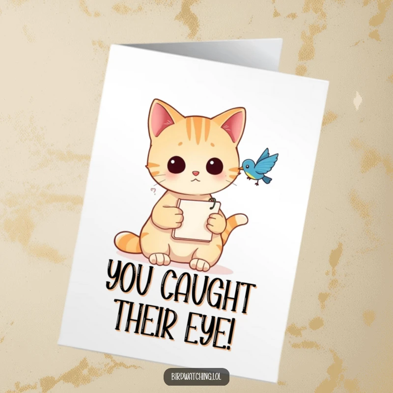 Funny free printable card of a curious cat with a notepad, observing a bird with keen interest.