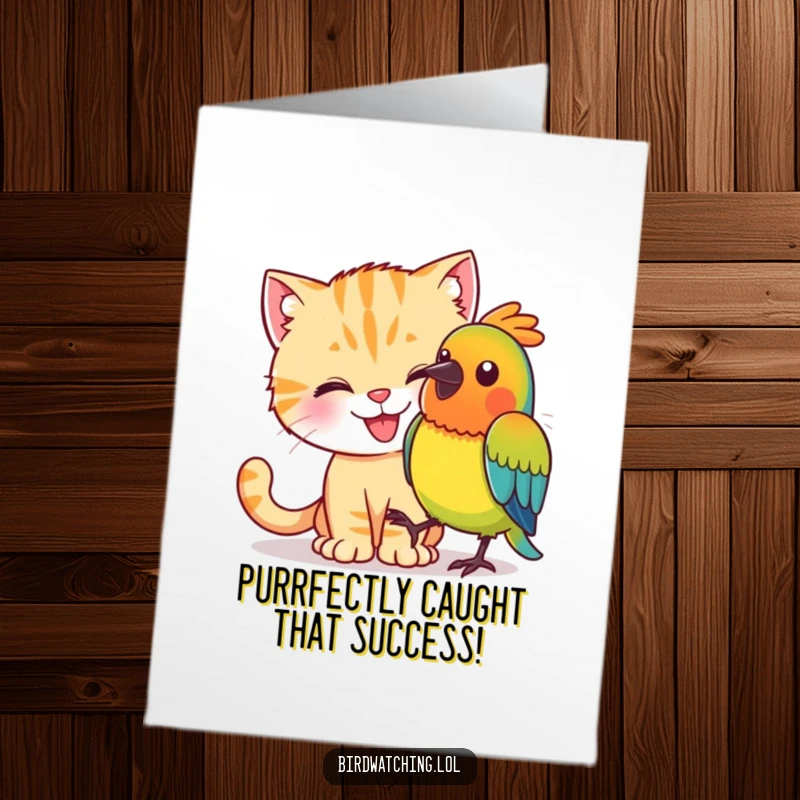 Funny Free Printable Congratulations Card: A happy cat attempting to sneak up on a colorful bird. Humorous downloadable.