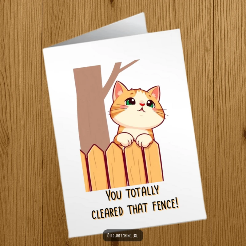 Funny Free Printable Congratulations Card: A surprised cat cranes its neck way over a fence, eyes wide with curiosity, about to congratulate.
