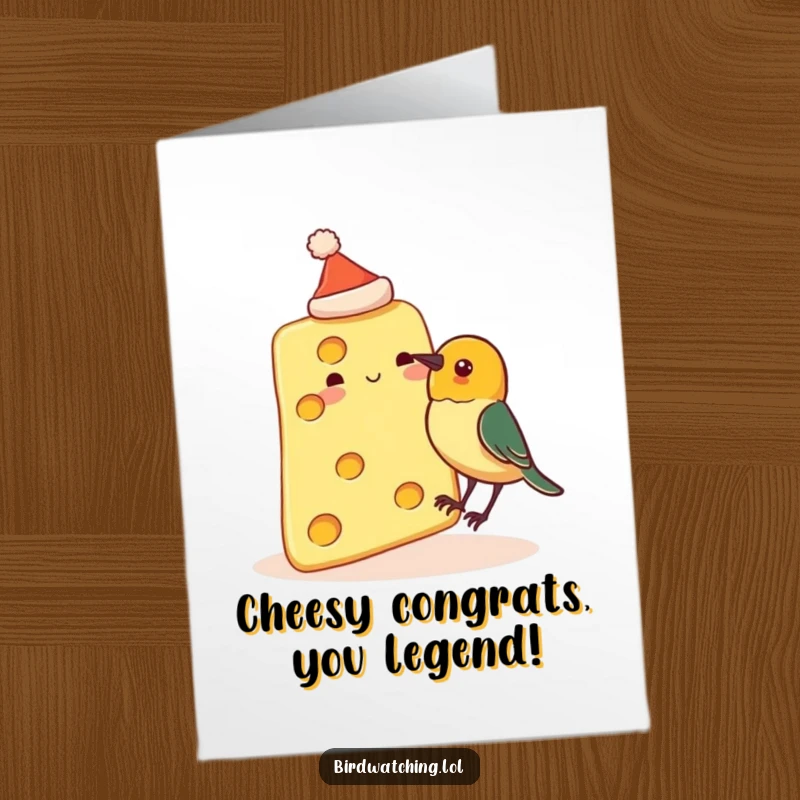 Funny Free Printable Congratulations Card: Cheese wearing a hat faces a curious bird, a humorous celebration.