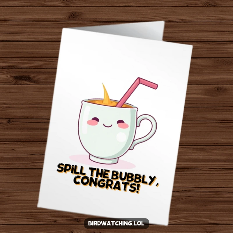 Funny Free Printable Congratulations Card: Teacup balancing a straw spills dramatically, a humorous celebration.