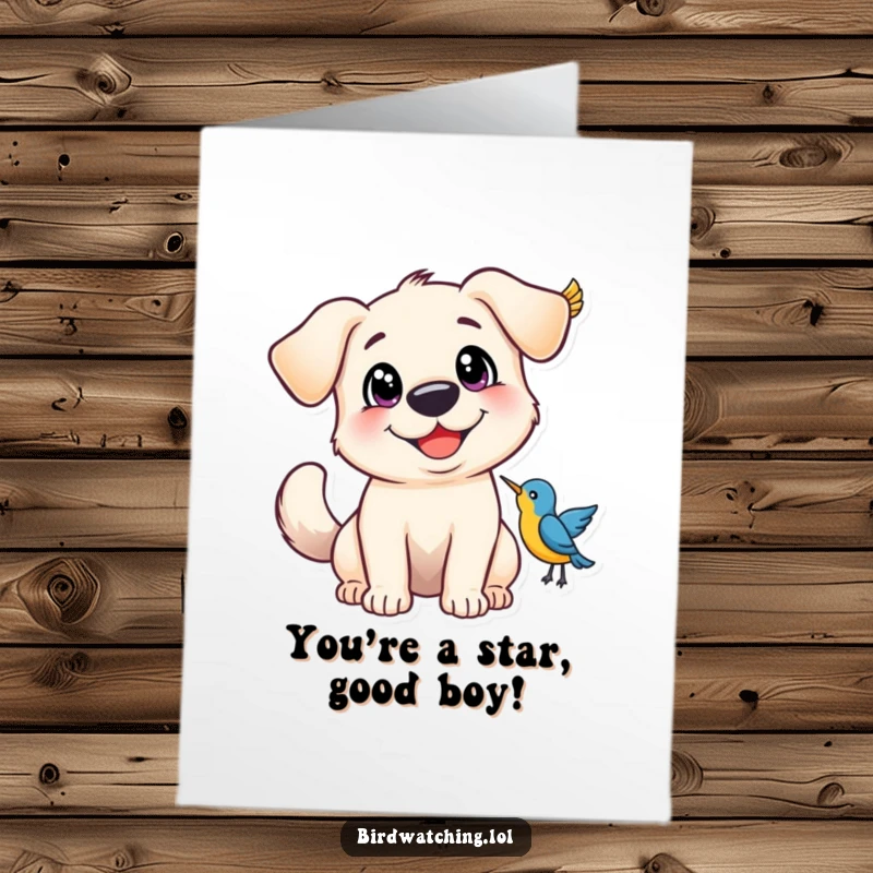 Funny free printable card of a happy dog with wide eyes and a wagging tail, enthusiastically congratulating.