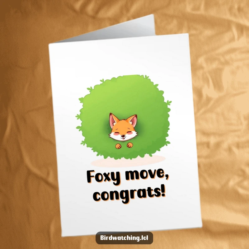 Funny Free Printable Congrats Card: Giggling fox peeking from a bush, a humorous congratulations for a special achievement.