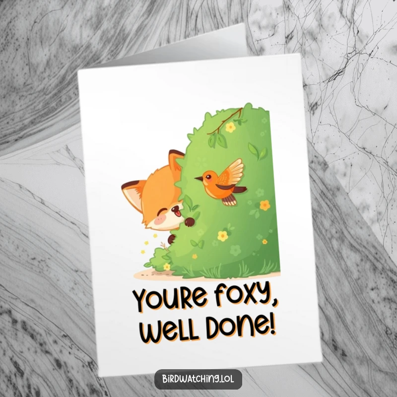 Funny Free Printable Fox Congratulations Card: A joyful fox discreetly observing a bird from behind a bush.