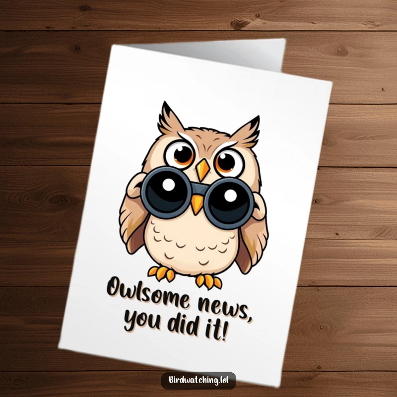 Funny Free Printable Congrats Card: Surprised owl with wide eyes using binoculars, celebrating a funny achievement, perfect downloadable gift.