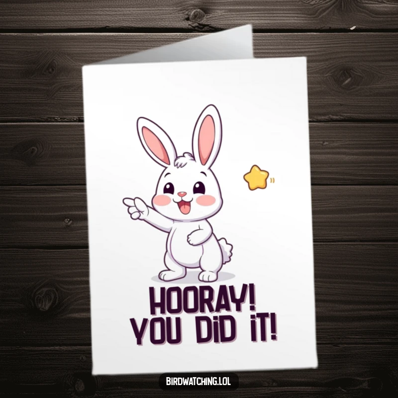 Funny Free Printable Congratulations Card featuring a happy bunny pointing excitedly, celebrating a big win.