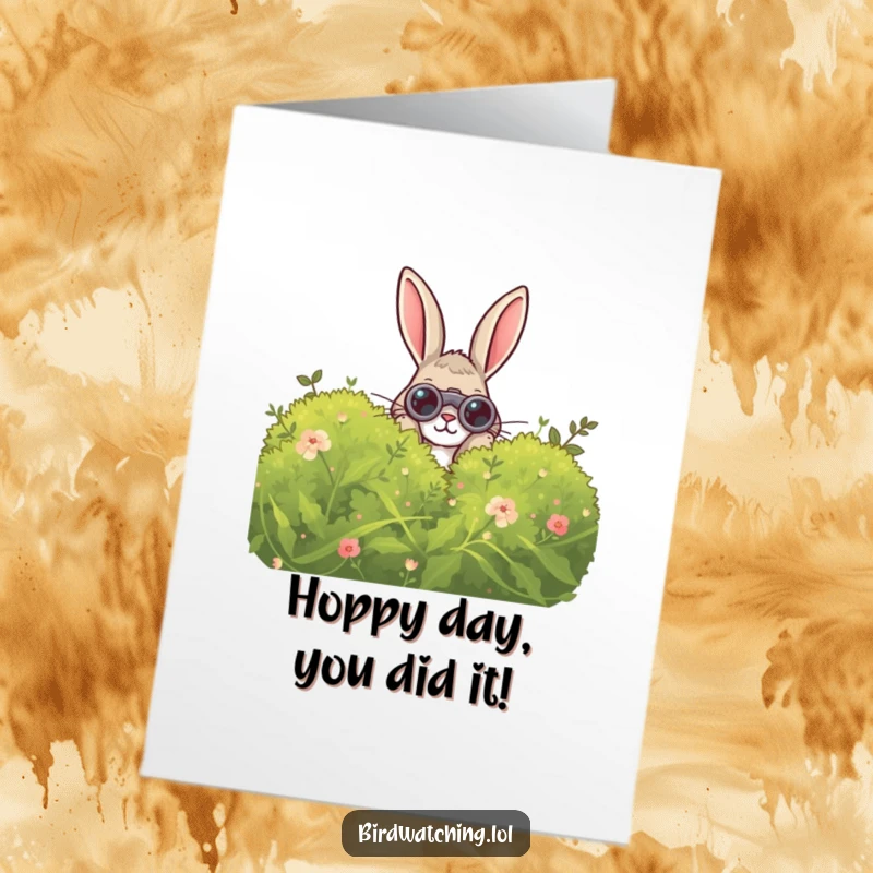 Funny Free Printable Congratulations Card: A curious rabbit peeks from behind a bush with binoculars, discovering great news.