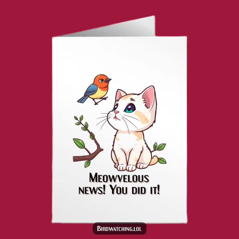 Free Printable Cat Congrats Card: Curious Bird Watcher Downloadable