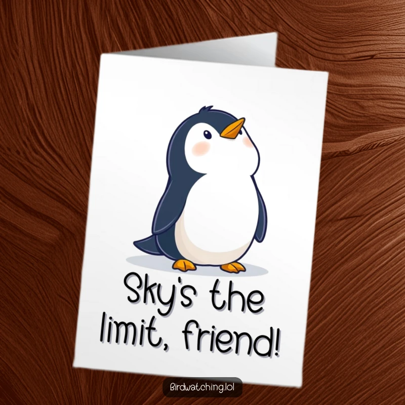 Funny Free Printable Congratulations Card: A wobbly penguin looking up in wonder at the sky, a sweet downloadable congratulation.