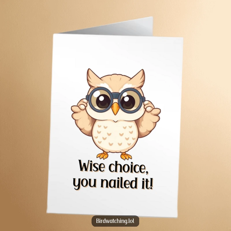Funny Free Printable Congrats Card: Happy owl peeks through binoculars with a wide smile, spotting great success.