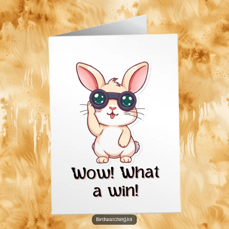 Funny Free Printable Congrats Card: Rabbit with binoculars looks surprised, having discovered great news.