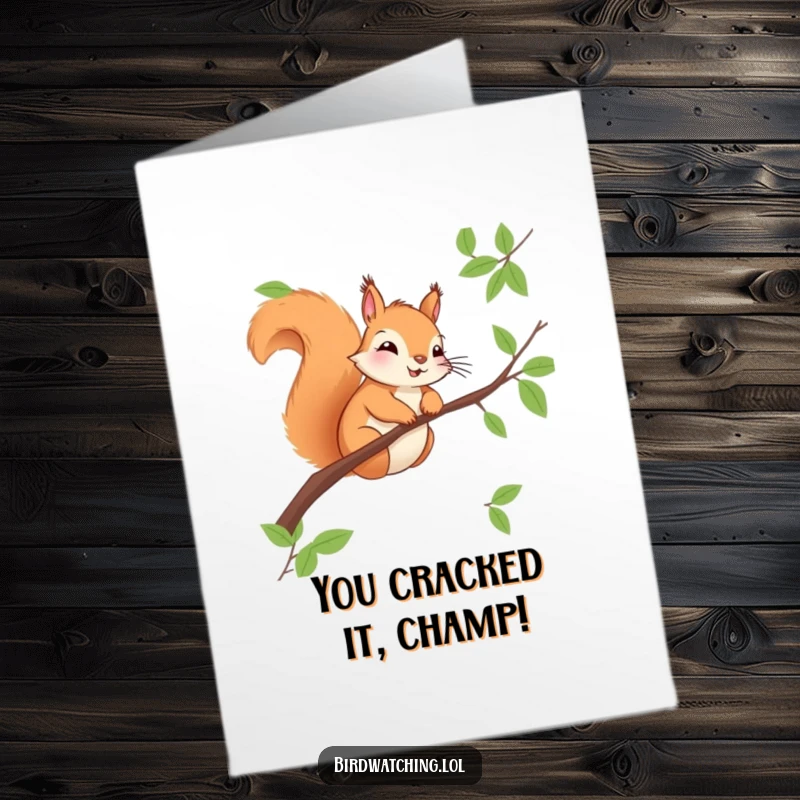 Funny Free Printable Congrats Card: A happy squirrel sits on a branch, attentively observing achievements.