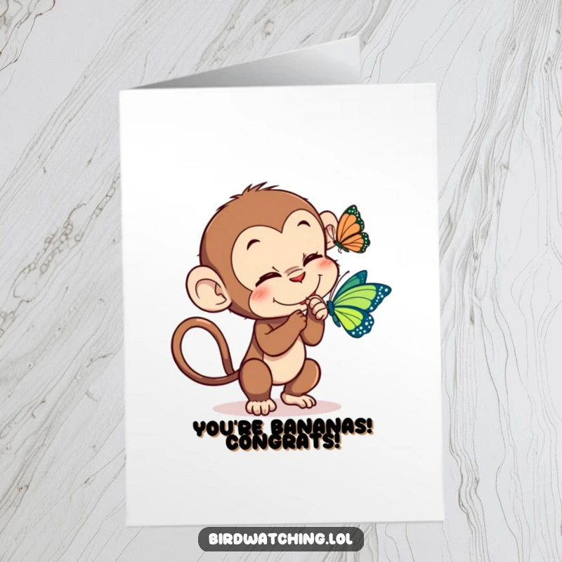 Funny Free Printable Congratulations Card: A cheeky monkey tickles a butterfly, a lighthearted way to say congrats.