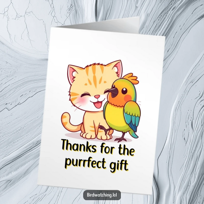 Funny Free Printable Thank You Card: A happy cat attempting to catch a colorful bird. Charming downloadable art.