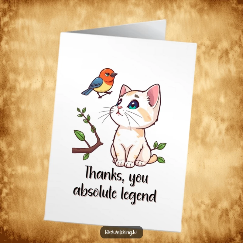 Funny Free Printable Thank You Card: A curious cat looks up at a bird on a branch, a thankful moment.