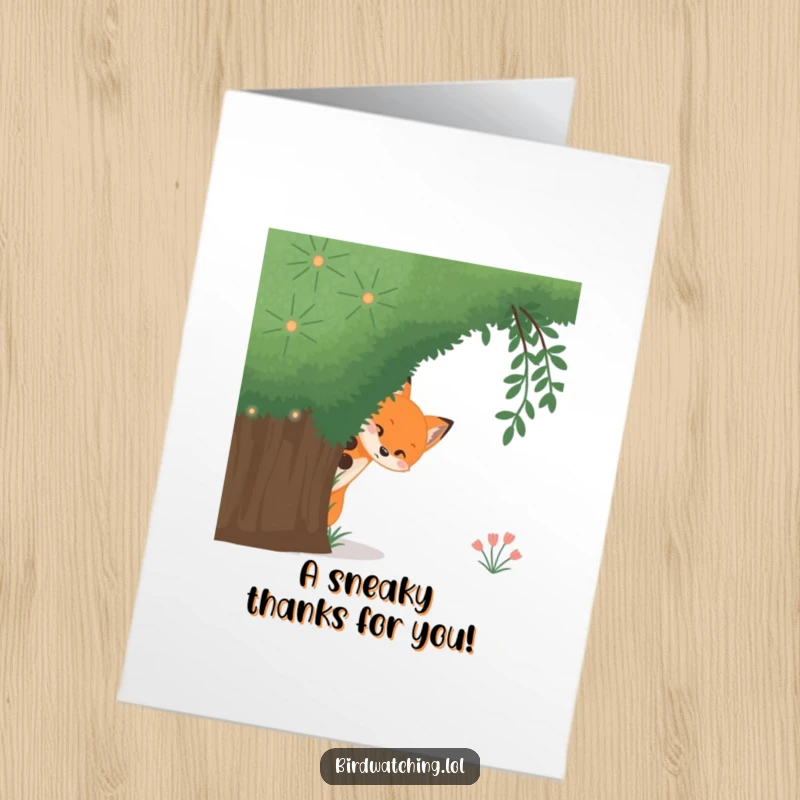 Funny Free Printable Thank You Card: Curious fox peeking from a bush, a subtle and cute thank you.
