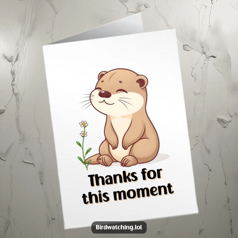 Funny Free Printable Otter Thank You Card: A content otter observes a flower, expressing calm gratitude for simple joys, great gift.