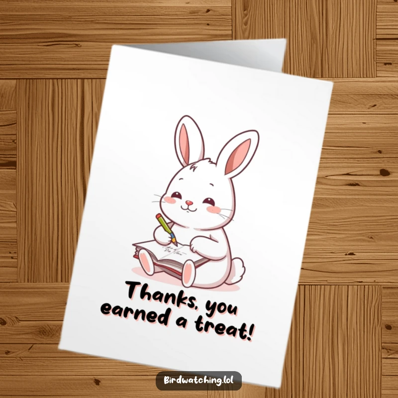 Funny Free Printable Thank You Card: A cheerful rabbit enjoys scribbling notes in a small journal, offering thanks.