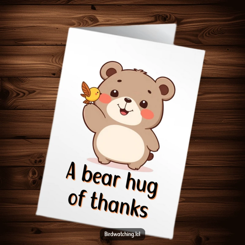Funny Free Printable Thank You Card: Happy bear enthusiastically points at a small bird, a sweet and funny way to say thanks.