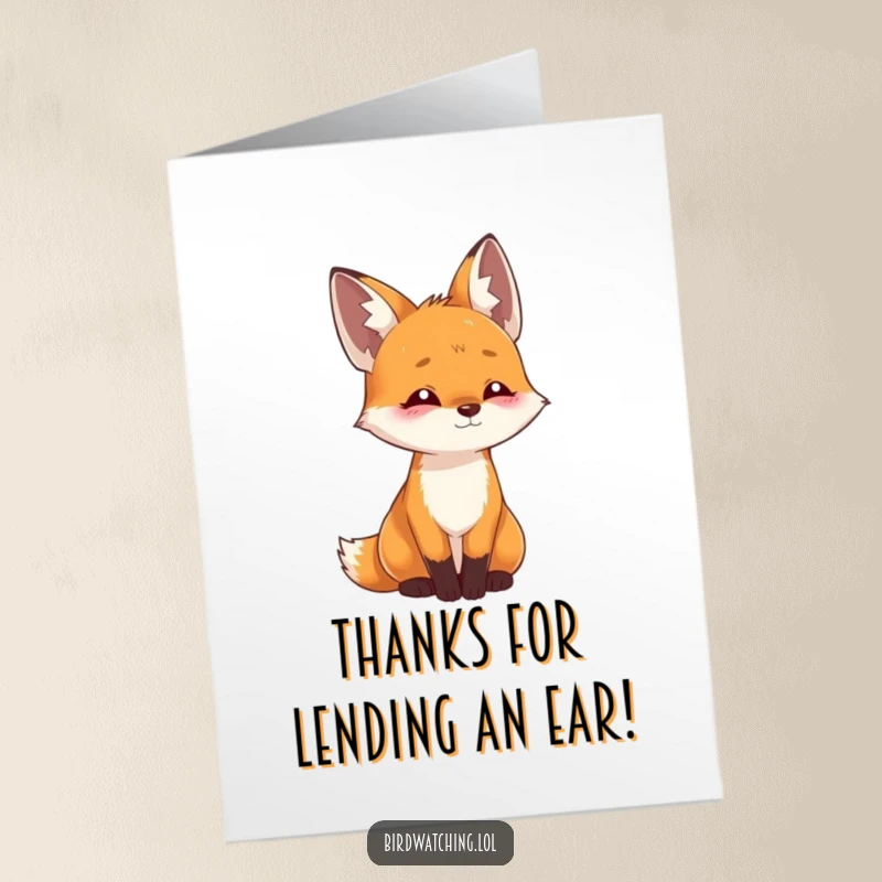 Funny Free Printable Thank You Card: Playful fox tilts head, listening intently to your kind words.
