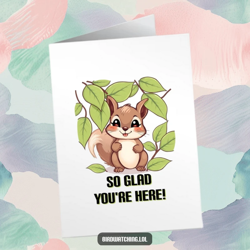 Funny Free Printable Thank You Card: Giggling squirrel peeks through leaves, hopeful for your thanks.