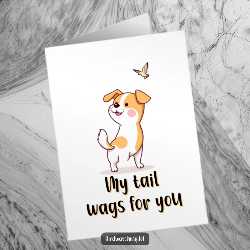 Funny Free Printable Thank You Card: A hopeful dog wags its tail, looking towards a bird, expressing heartfelt gratitude.