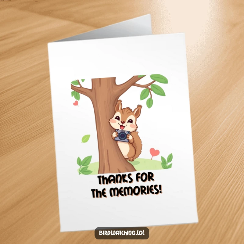 Funny Free Printable Thank You Card: A joyful squirrel peeks from behind a tree, camera in hand, sending thanks.
