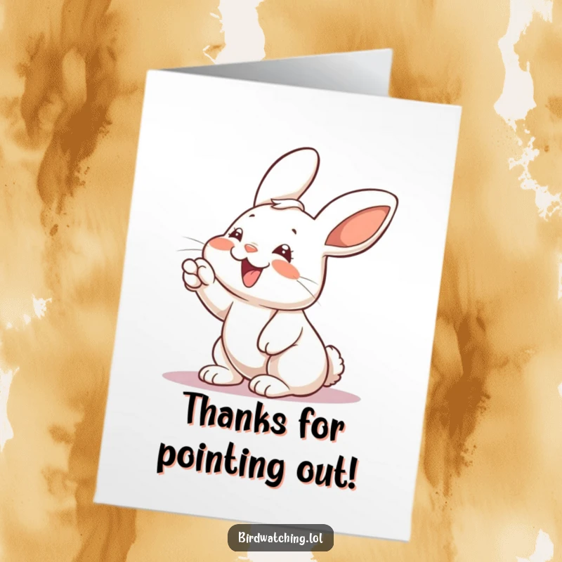 Funny Free Printable Thank You Card: Giggling rabbit points enthusiastically, thanking someone with joy.