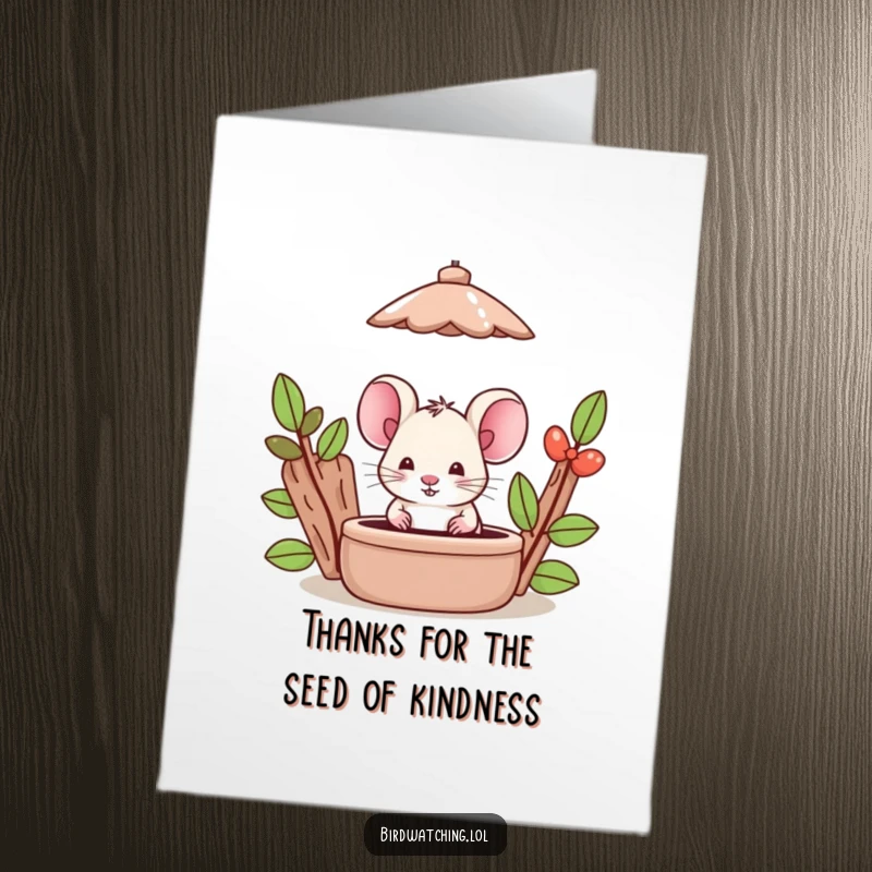 Funny Free Printable Thank You Card: A silly mouse with a playful expression peeks from behind a bird feeder, saying thank you.