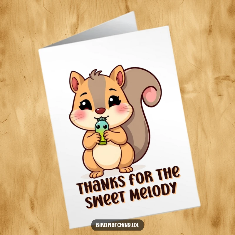 Funny Free Printable Thank You Card: Cheerful squirrel holds a tiny bird whistle, offering a humorous expression of gratitude.