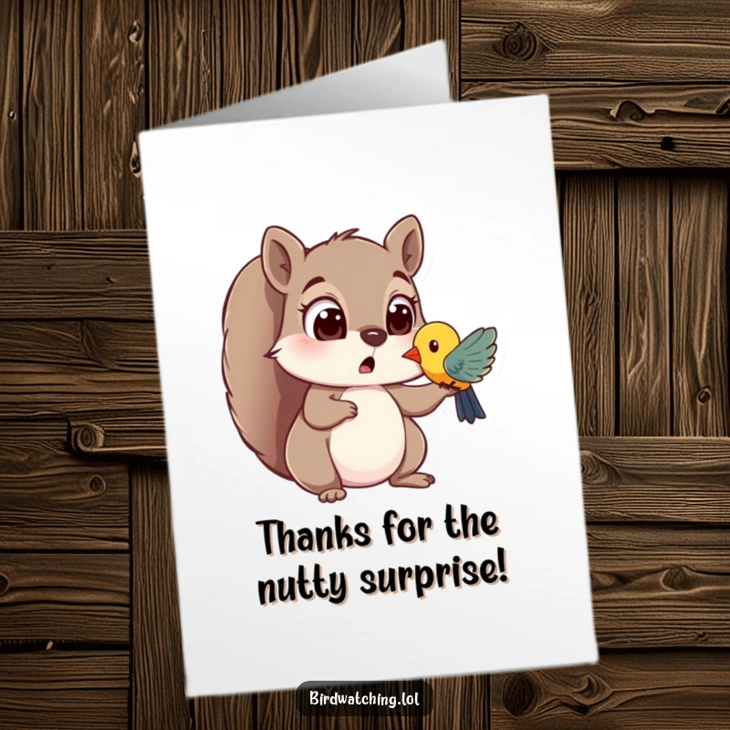 Funny Free Printable Thank You Card: Surprised squirrel with wide eyes spots a colorful bird, a funny expression of thanks.