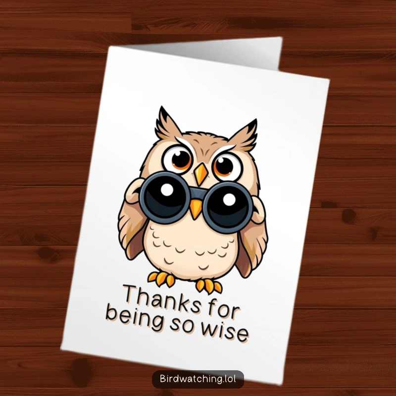 Funny Free Printable Thank You Card: Surprised owl with binoculars looking intently, a humorous way to say thanks, downloadable art.