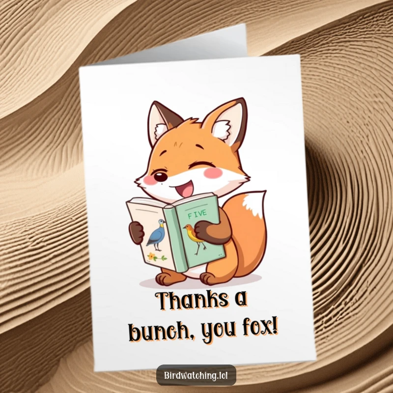 Funny Free Printable Thank You Card: Giggling fox expresses gratitude with a bird identification book, a unique thank you.