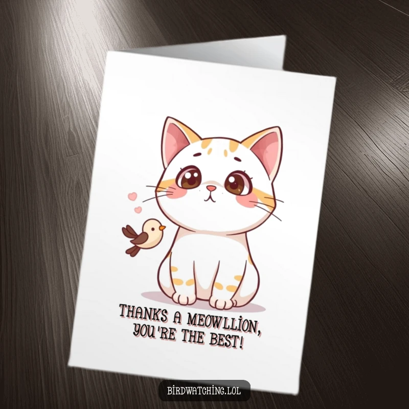 Funny Free Printable Thank You Card: A surprised cat stares at a bird, a humorous way to say thanks.