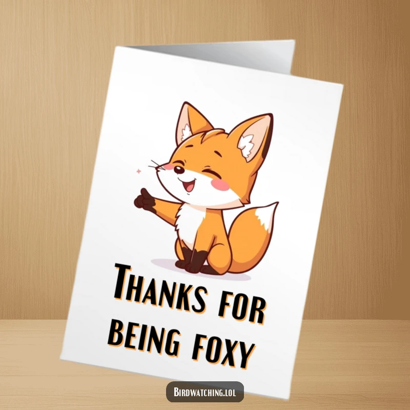 Funny Free Printable Thank You Card: A smiling fox excitedly points into the distance, conveying thanks.