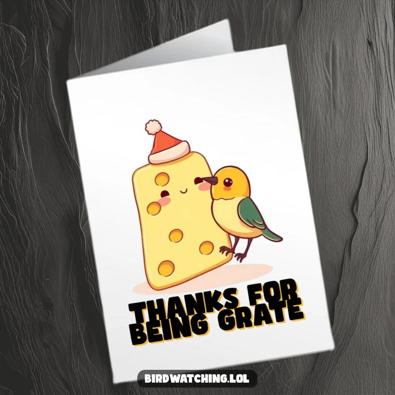 Funny Free Printable Thank You Card: Cheese slice with a hat is about to be pecked by a bird.