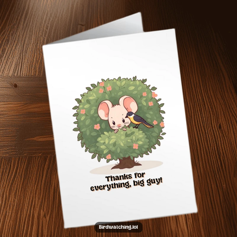 Funny Free Printable Thank You Card: A shy mouse hiding behind a bush, observing a bird with gentle curiosity.