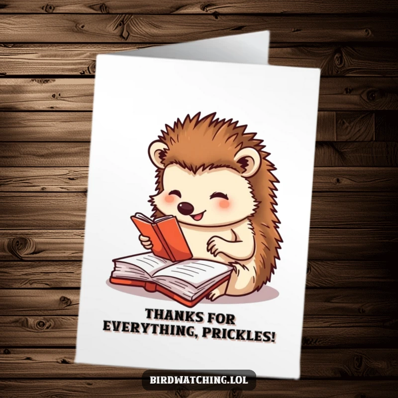 Funny Free Printable Thank You Card: A happy hedgehog with glasses, intensely focused on writing a thank you note in its journal.
