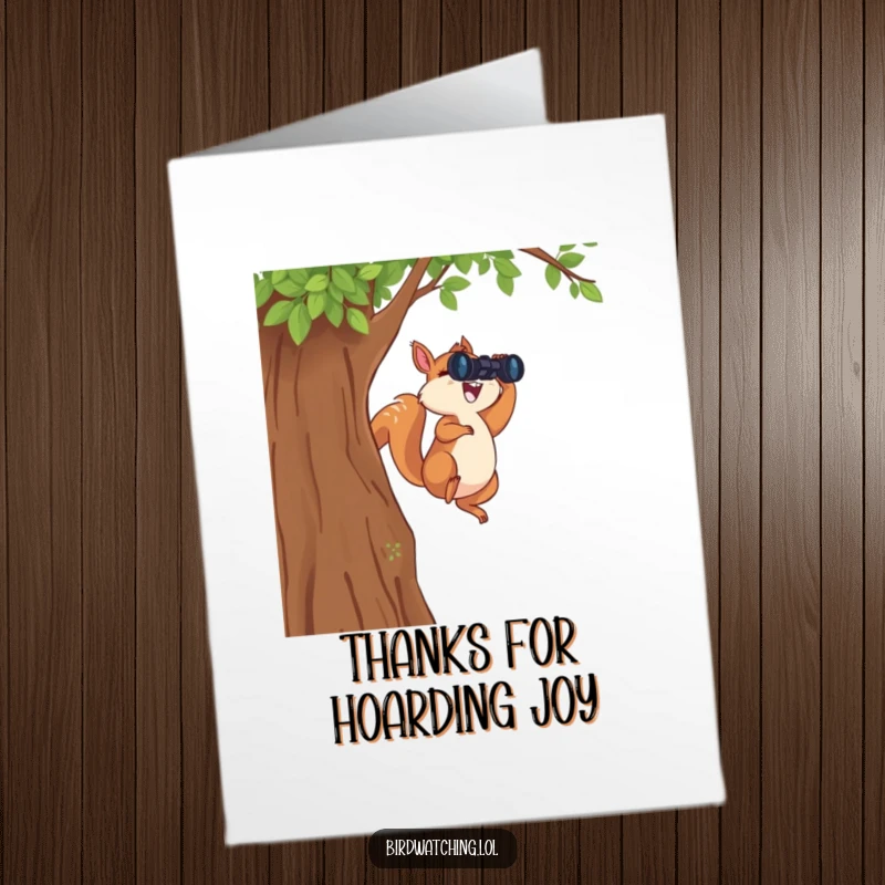 Funny Free Printable Thank You Card: A squirrel joyfully leaps from a tree with binoculars, sending thanks.