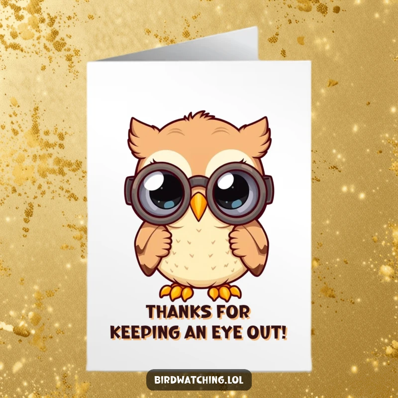 Funny Free Printable Thank You Card: A happy owl peers through binoculars, its curious eyes conveying thanks.
