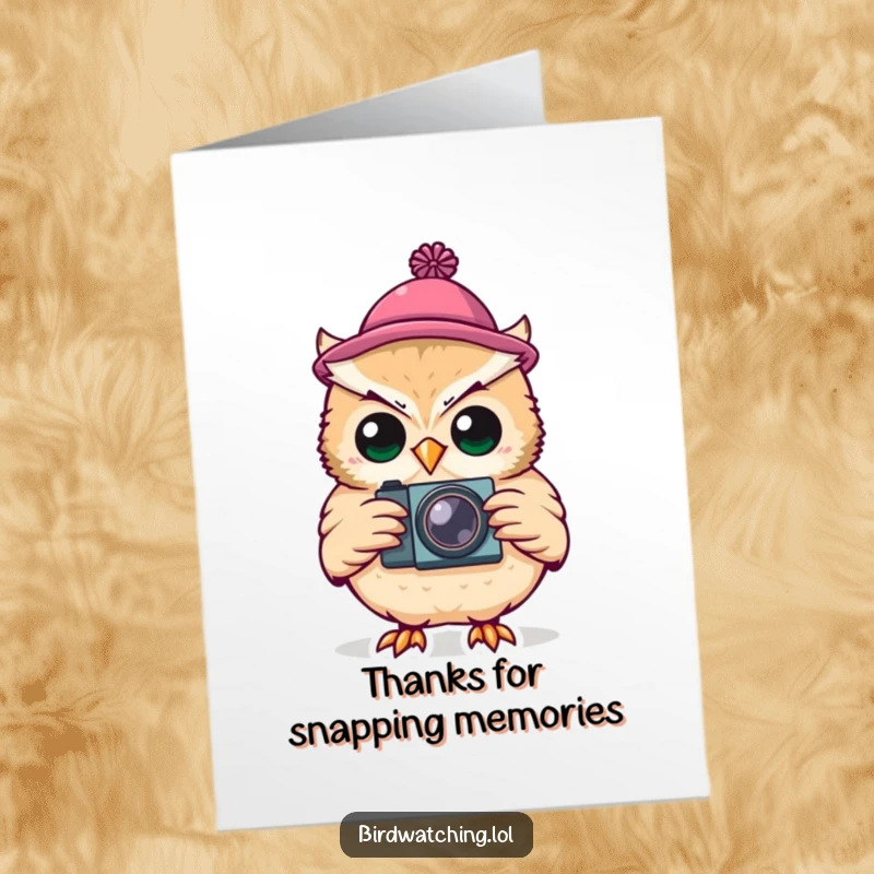 Funny Free Printable Thank You Card: Silly owl wearing a hat, holding a camera, ready to capture thanks.