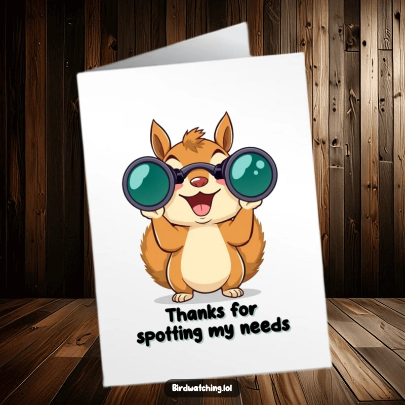 Funny Free Printable Thank You Card: Excited squirrel peering through binoculars, expressing thanks. Whimsical downloadable art.