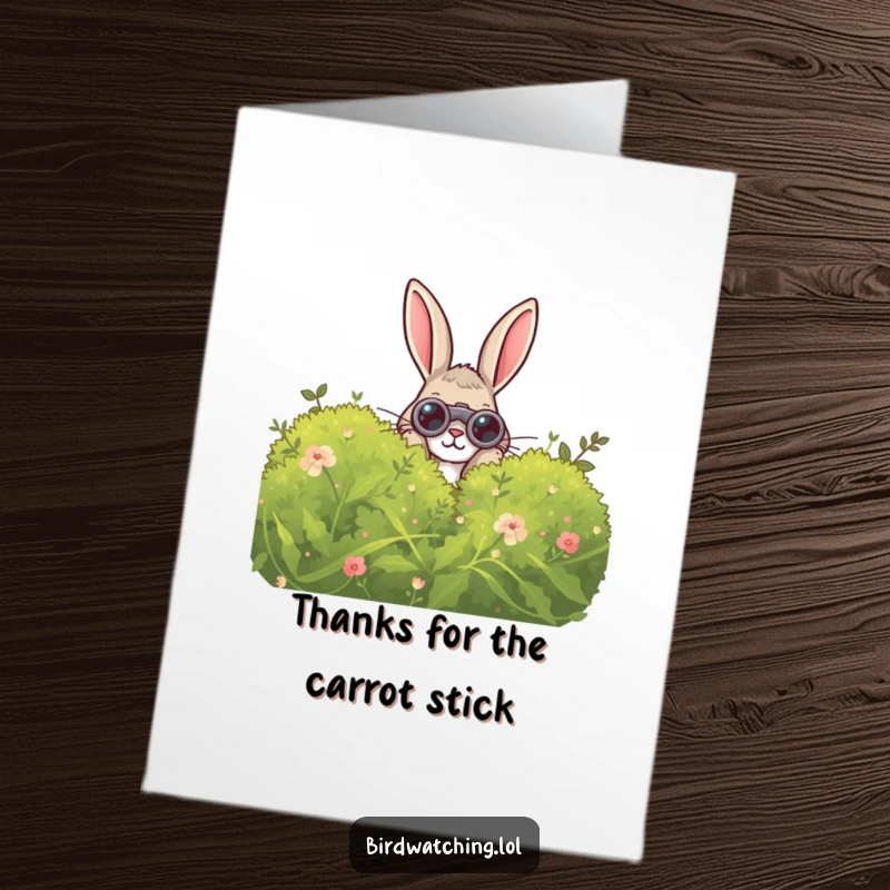 Funny Free Printable Thank You Card: A curious rabbit with binoculars peeks from a bush, sending thanks.