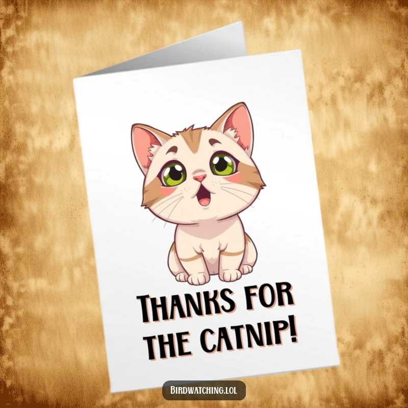 Funny Free Printable Thank You Card: A curious cat with wide eyes looking up in surprise and thanks.